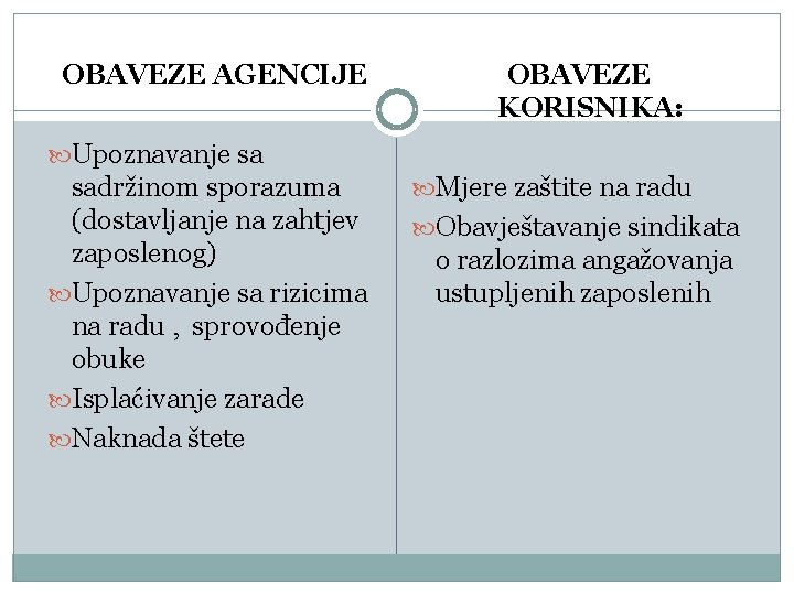 OBAVEZE AGENCIJE OBAVEZE KORISNIKA: Upoznavanje sa sadržinom sporazuma (dostavljanje na zahtjev zaposlenog) Upoznavanje sa