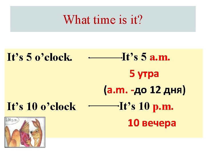 What time is it? It’s 5 o’clock. It’s 10 o’clock It’s 5 a. m.