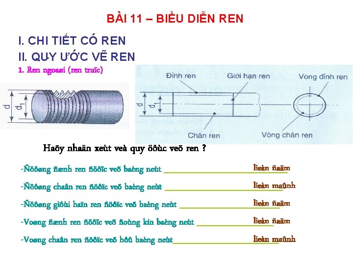 BÀI 11 – BIỂU DIỄN REN I. CHI TIẾT CÓ REN. ƯỚC VẼ REN