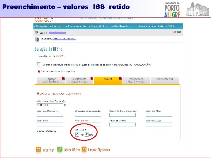 Preenchimento – valores ISS retido 