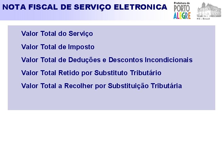 NOTA FISCAL DE SERVIÇO ELETRONICA Valor Total do Serviço Valor Total de Imposto Valor