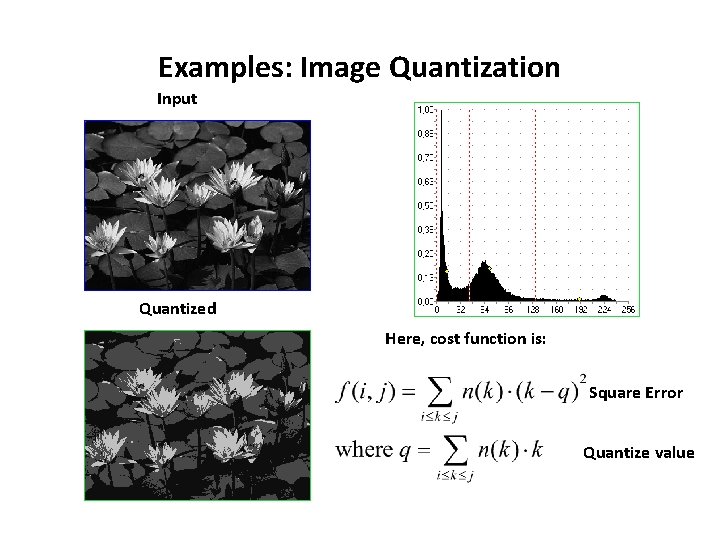 Examples: Image Quantization Input Quantized Here, cost function is: Square Error Quantize value 