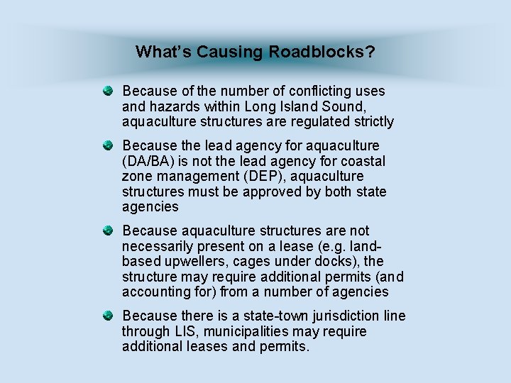 What’s Causing Roadblocks? Because of the number of conflicting uses and hazards within Long