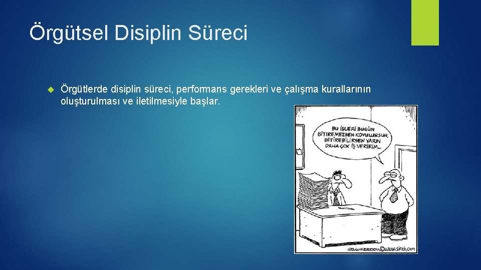 Örgütsel Disiplin Süreci Örgütlerde disiplin süreci, performans gerekleri ve çalışma kurallarının oluşturulması ve iletilmesiyle
