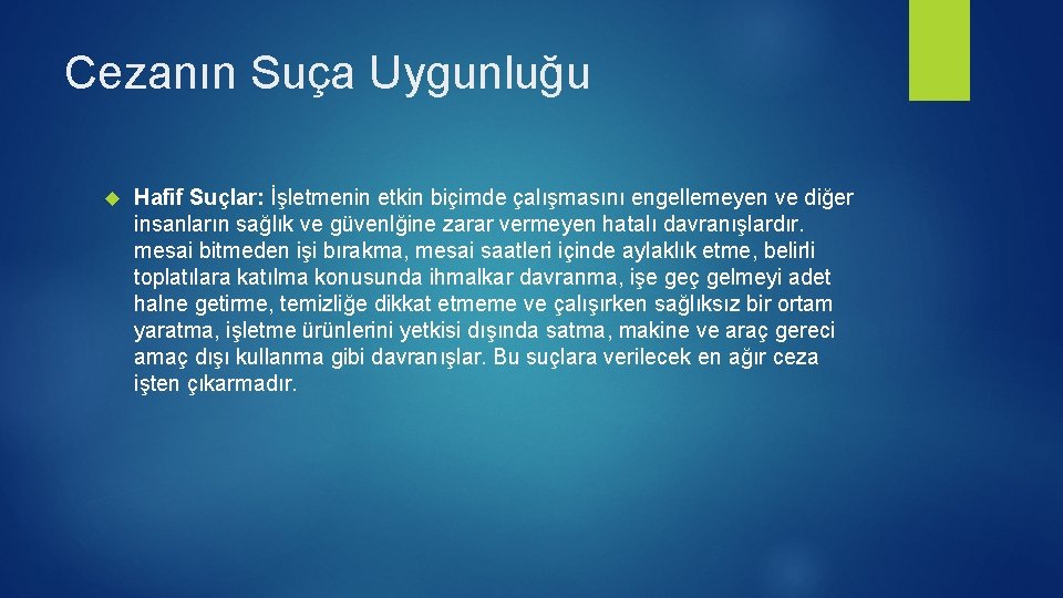 Cezanın Suça Uygunluğu Hafif Suçlar: İşletmenin etkin biçimde çalışmasını engellemeyen ve diğer insanların sağlık