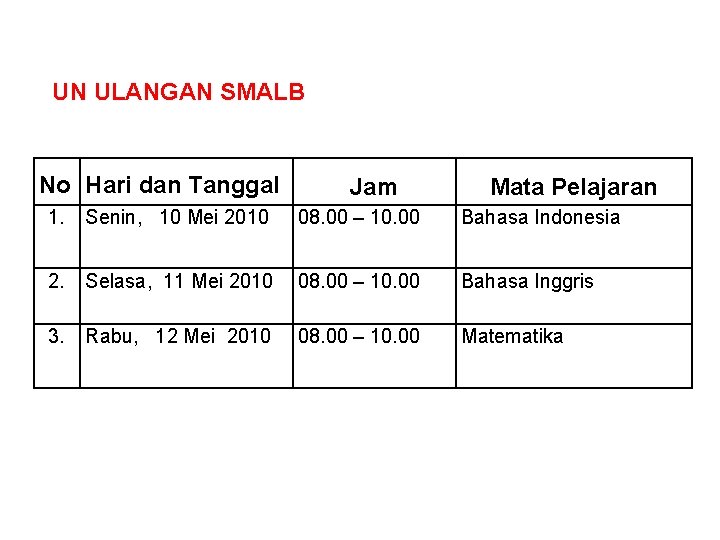 UN ULANGAN SMALB No Hari dan Tanggal Jam Mata Pelajaran 1. Senin, 10 Mei