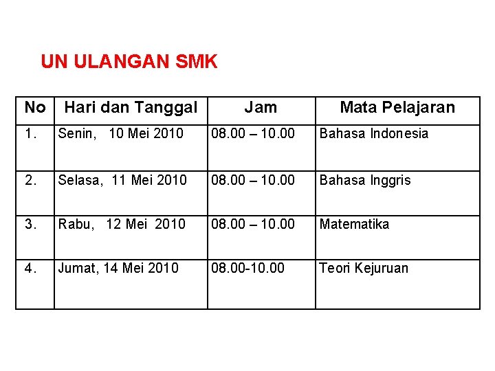 UN ULANGAN SMK No Hari dan Tanggal Jam Mata Pelajaran 1. Senin, 10 Mei UN ULANGAN SMK No Hari dan Tanggal Jam Mata Pelajaran 1. Senin, 10 Mei