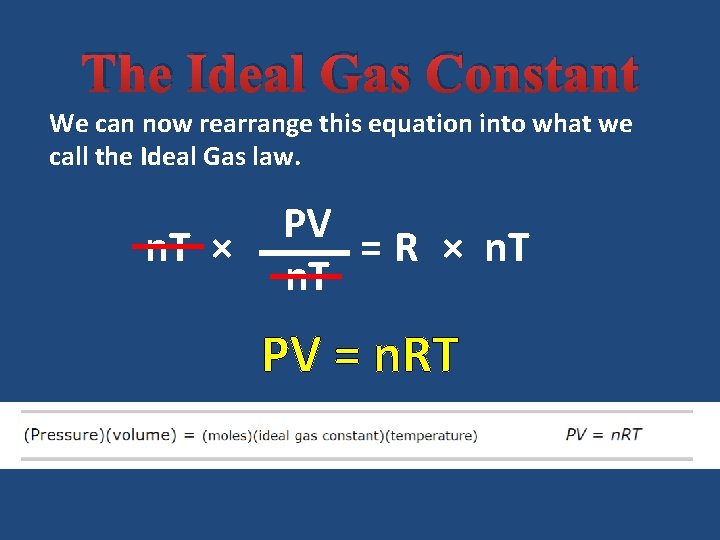 The Ideal Gas Constant We can now rearrange this equation into what we call