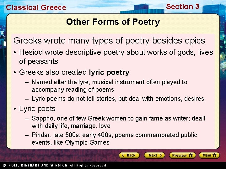 Section 3 Classical Greece Other Forms of Poetry Greeks wrote many types of poetry Section 3 Classical Greece Other Forms of Poetry Greeks wrote many types of poetry