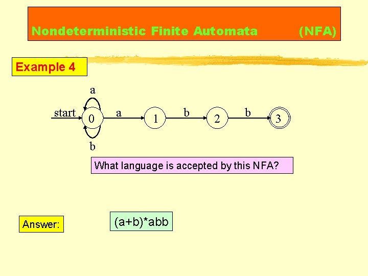 Nondeterministic Finite Automata (NFA) Example 4 a start a 0 1 b 2 b