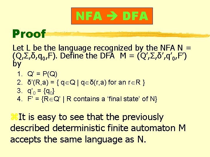 NFA DFA Proof Let L be the language recognized by the NFA N =