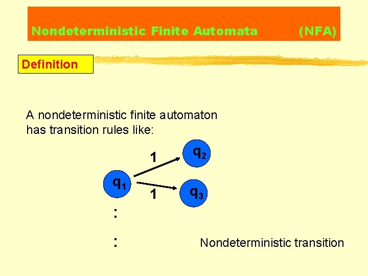 Nondeterministic Finite Automata (NFA) Definition A nondeterministic finite automaton has transition rules like: q