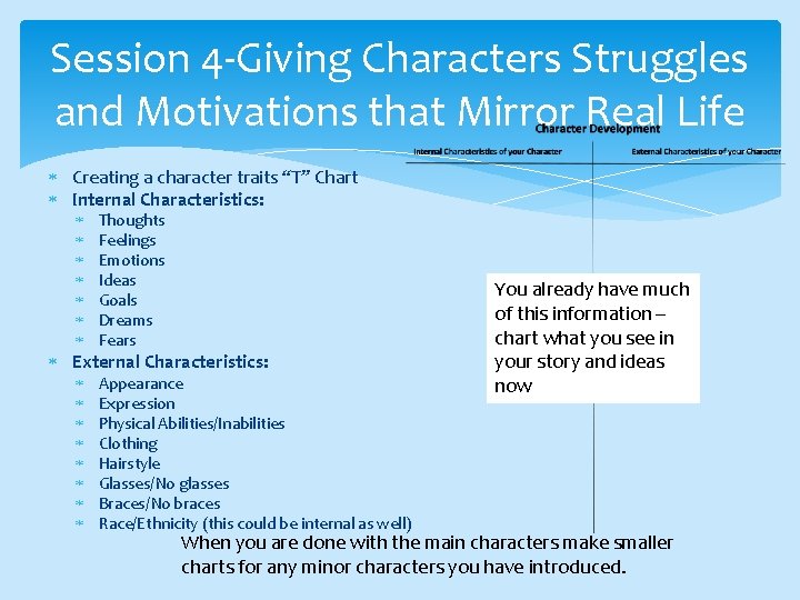 Session 4 -Giving Characters Struggles and Motivations that Mirror Real Life Creating a character