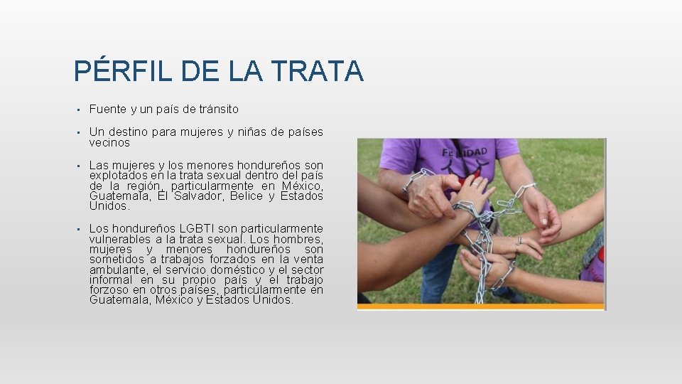 PÉRFIL DE LA TRATA • Fuente y un país de tránsito • Un destino PÉRFIL DE LA TRATA • Fuente y un país de tránsito • Un destino