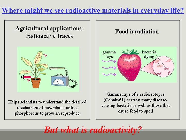 Where might we see radioactive materials in everyday life? Agricultural applicationsradioactive traces Helps scientists
