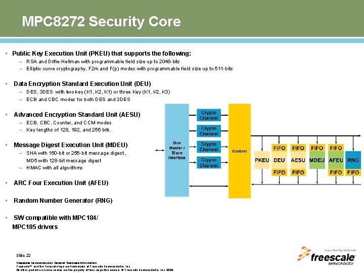 MPC 8272 Security Core • Public Key Execution Unit (PKEU) that supports the following: