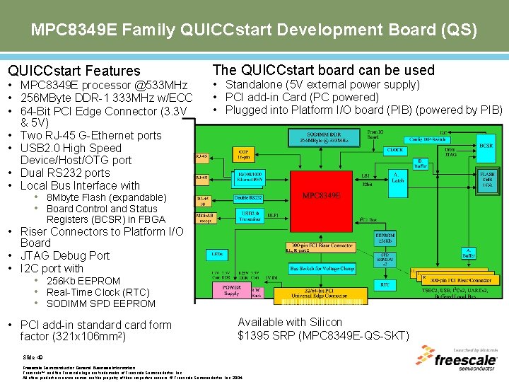 MPC 8349 E Family QUICCstart Development Board (QS) QUICCstart Features • MPC 8349 E