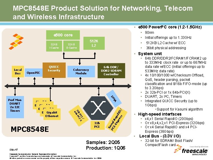 MPC 8548 E Product Solution for Networking, Telecom and Wireless Infrastructure • e 500
