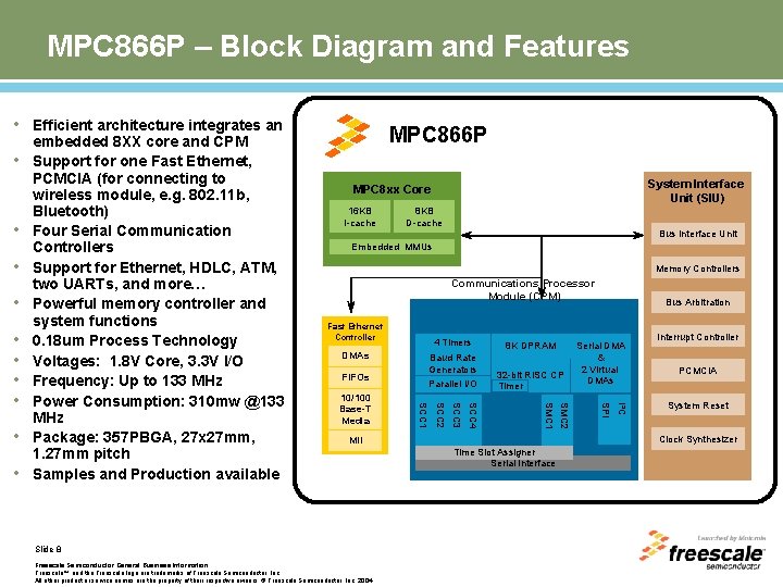 MPC 866 P – Block Diagram and Features • Efficient architecture integrates an •