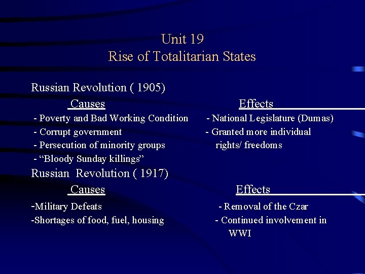 Unit 19 Rise of Totalitarian States Russian Revolution ( 1905) Causes - Poverty and