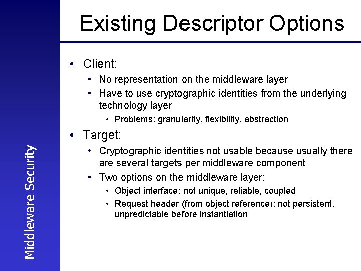 Existing Descriptor Options • Client: • No representation on the middleware layer • Have