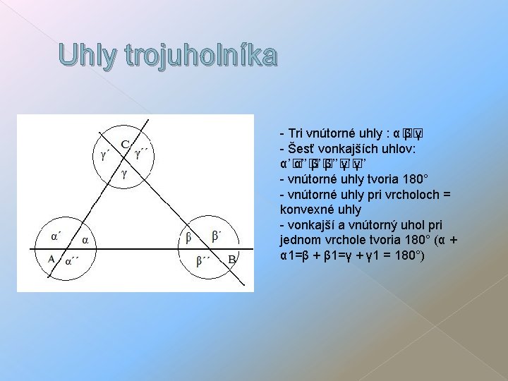 Uhly trojuholníka - Tri vnútorné uhly : α� β� γ - Šesť vonkajších uhlov: