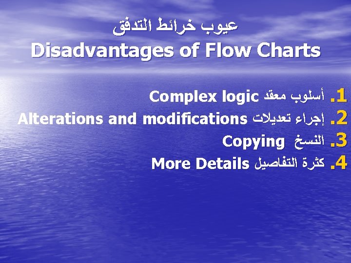  ﻋﻴﻮﺏ ﺧﺮﺍﺋﻂ ﺍﻟﺘﺪﻓﻖ Disadvantages of Flow Charts Complex logic ﺃﺴﻠﻮﺏ ﻣﻌﻘﺪ Alterations and