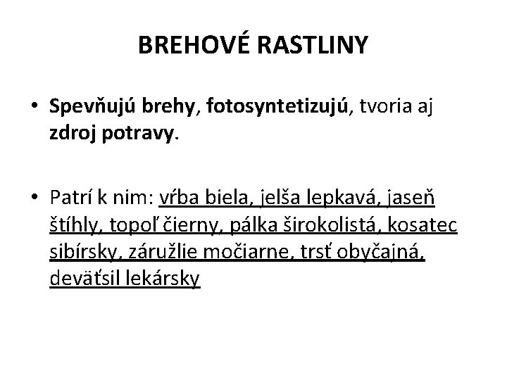 BREHOVÉ RASTLINY • Spevňujú brehy, fotosyntetizujú, tvoria aj zdroj potravy. • Patrí k nim: