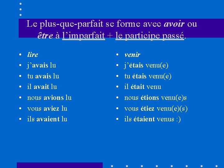 Le plus-que-parfait se forme avec avoir ou être à l’imparfait + le participe passé.