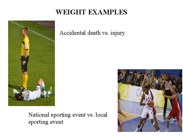 WEIGHT EXAMPLES Accidental death vs. injury National sporting event vs. local sporting event 