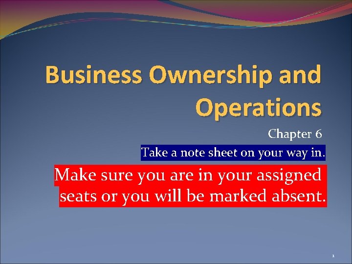 Business Ownership and Operations Chapter 6 Take a note sheet on your way in.