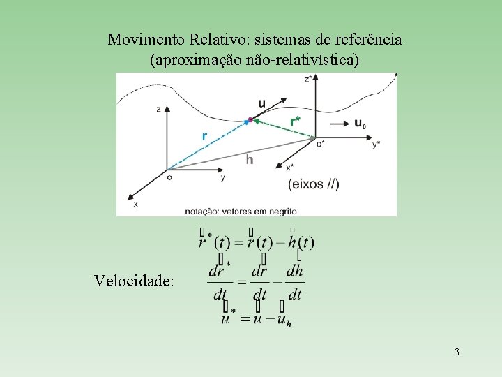 Movimento Relativo: sistemas de referência (aproximação não-relativística) Velocidade: 3 