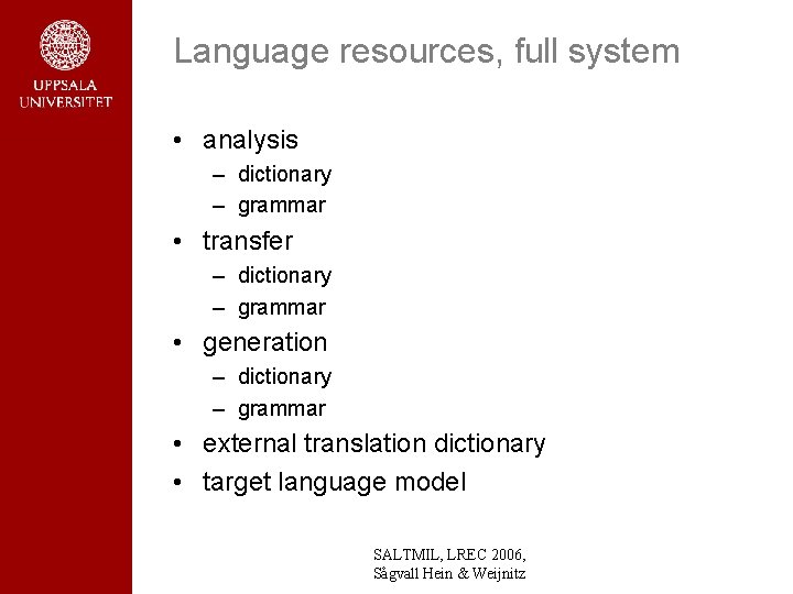 Language resources, full system • analysis – dictionary – grammar • transfer – dictionary Language resources, full system • analysis – dictionary – grammar • transfer – dictionary