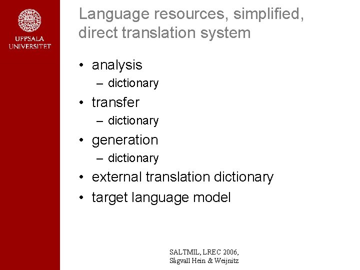 Language resources, simplified, direct translation system • analysis – dictionary • transfer – dictionary Language resources, simplified, direct translation system • analysis – dictionary • transfer – dictionary