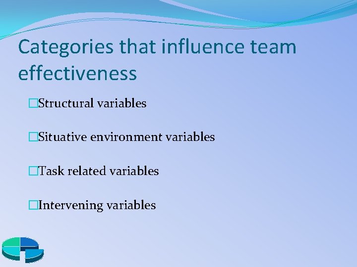 Categories that influence team effectiveness �Structural variables �Situative environment variables �Task related variables �Intervening
