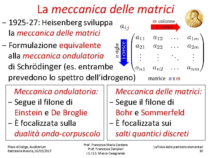 La meccanica delle matrici − 1925 -27: Heisenberg sviluppa la meccanica delle matrici −