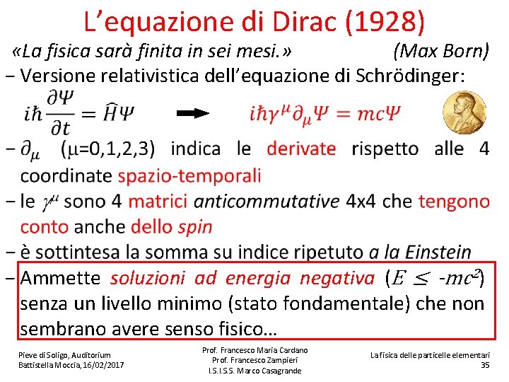 L’equazione di Dirac (1928) «La fisica sarà finita in sei mesi. » (Max Born)
