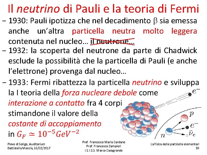 Il neutrino di Pauli e la teoria di Fermi − 1930: Pauli ipotizza che