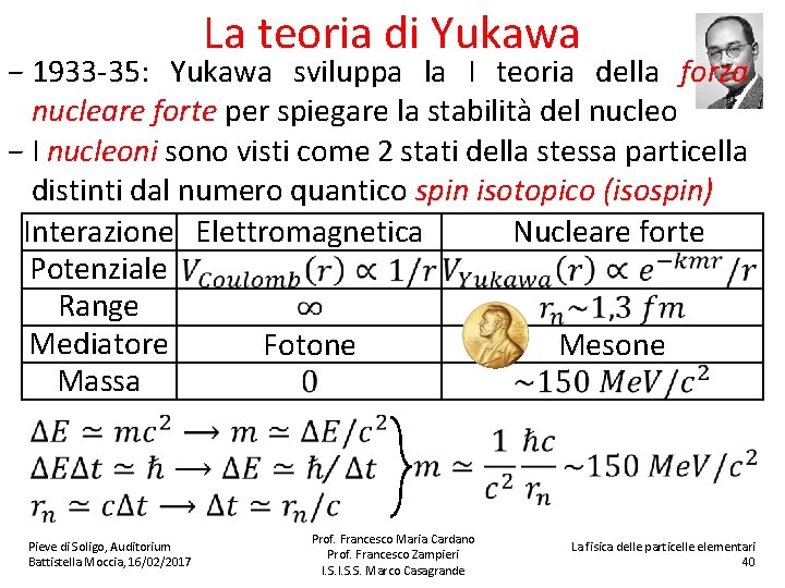 La teoria di Yukawa − 1933 -35: Yukawa sviluppa la I teoria della forza