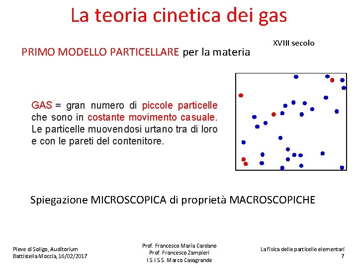 La teoria cinetica dei gas PRIMO MODELLO PARTICELLARE per la materia XVIII secolo GAS