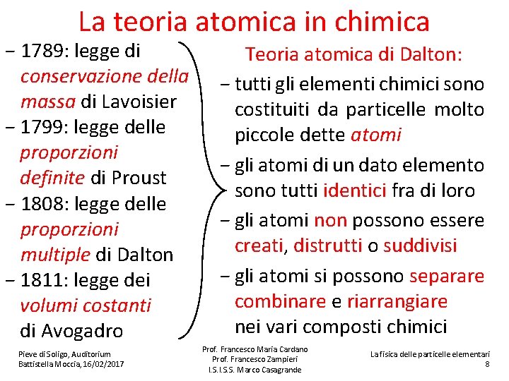 La teoria atomica in chimica − 1789: legge di conservazione della massa di Lavoisier