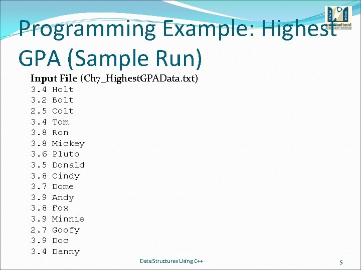 Programming Example: Highest GPA (Sample Run) Input File (Ch 7_Highest. GPAData. txt) 3. 4