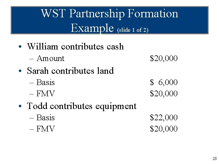 WST Partnership Formation Example (slide 1 of 2) • William contributes cash – Amount