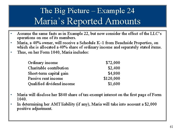 The Big Picture – Example 24 Maria’s Reported Amounts • • • Assume the