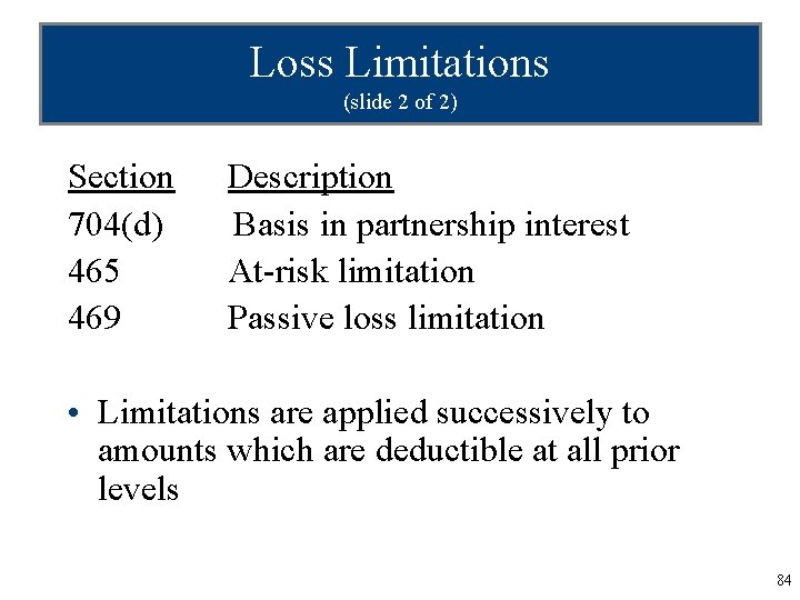 Loss Limitations (slide 2 of 2) Section 704(d) 465 469 Description Basis in partnership