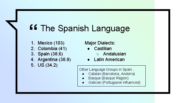“ 1. 2. 3. 4. 5. The Spanish Language Mexico (103) Colombia (41) Spain