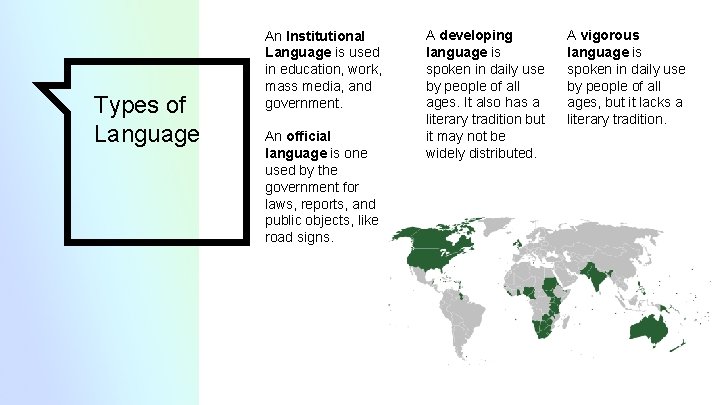 Types of Language An Institutional Language is used in education, work, mass media, and