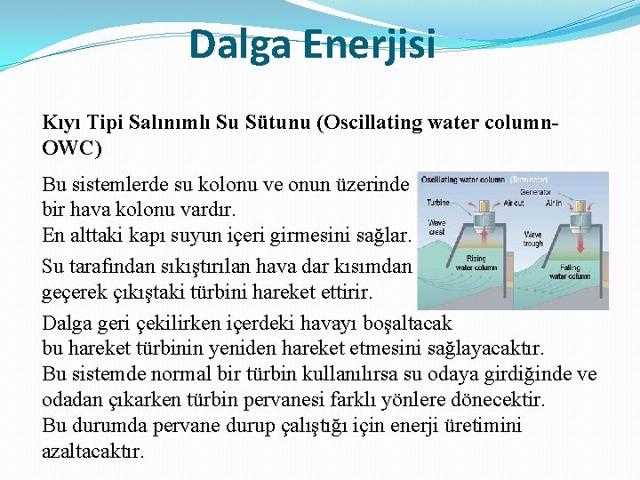 Dalga Enerjisi Kıyı Tipi Salınımlı Su Sütunu (Oscillating water column. OWC) Bu sistemlerde su