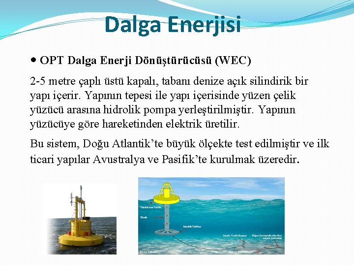 Dalga Enerjisi • OPT Dalga Enerji Dönüştürücüsü (WEC) 2 -5 metre çaplı üstü kapalı,