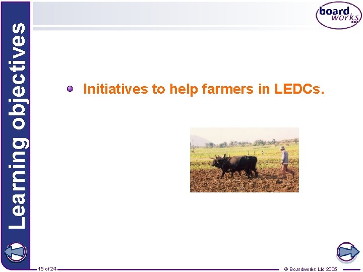 Learning objectives Initiatives to help farmers in LEDCs. 15 of 24 © Boardworks Ltd